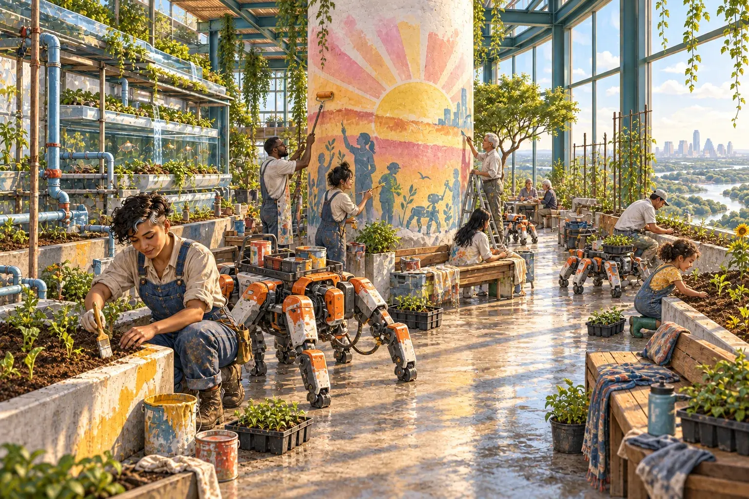 Concept illustration of Mel and an embodied AI painting in a replanted atrium.
