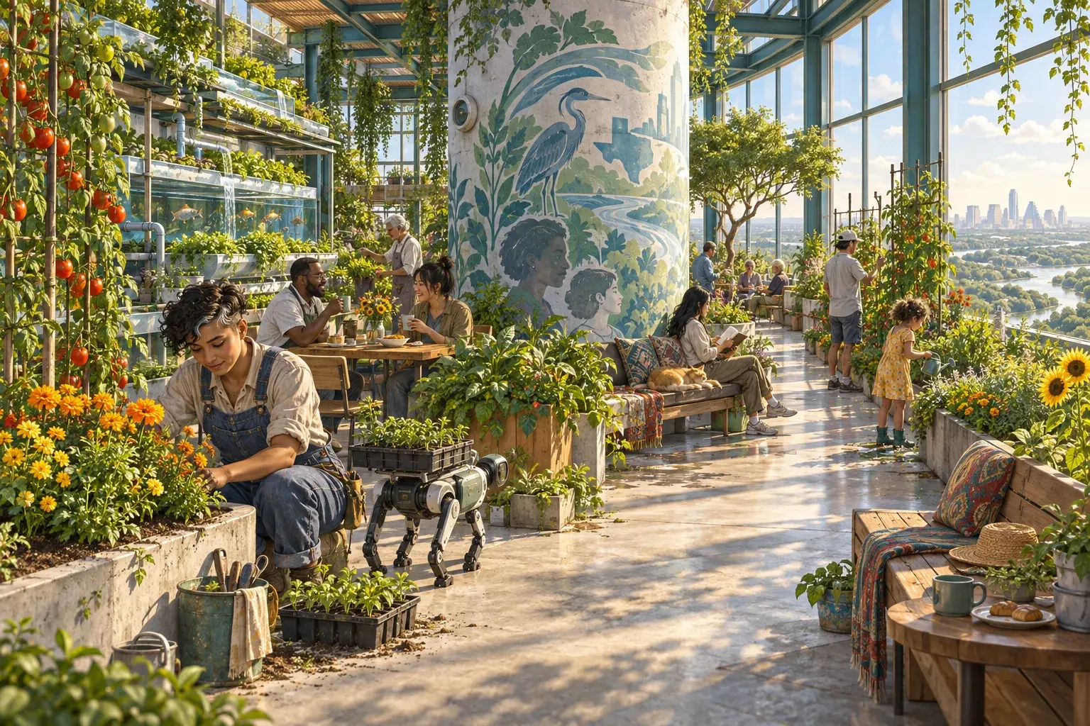 Concept illustration of a sunlit garden atrium, a resident planting beside a mural, a corridor speaker, and water circulating beside the garden.