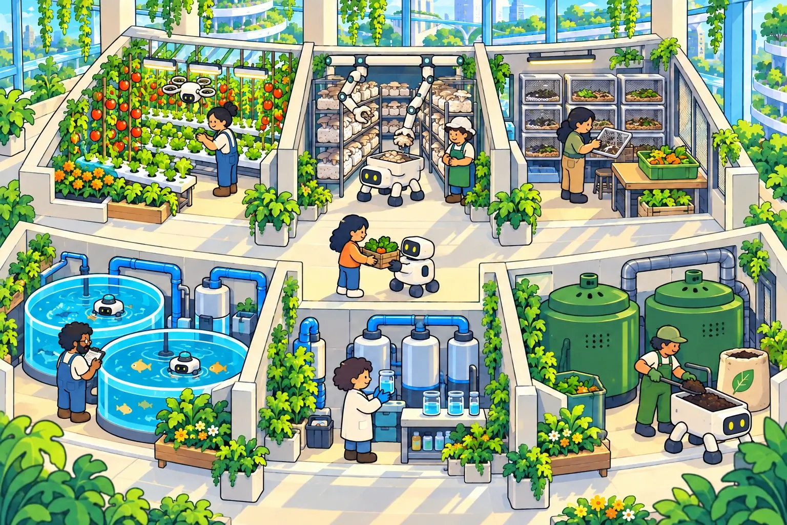A Storybook cutaway of six farm rooms with doors omitted: a drone scouts vegetables, one floating monitor tends each fish tank, and ceiling-mounted arms load mushrooms into a quad’s back container. A worker shovels compost into a dirt-hauling quad’s square bucket. A water workshop and insect nursery share the corridor.