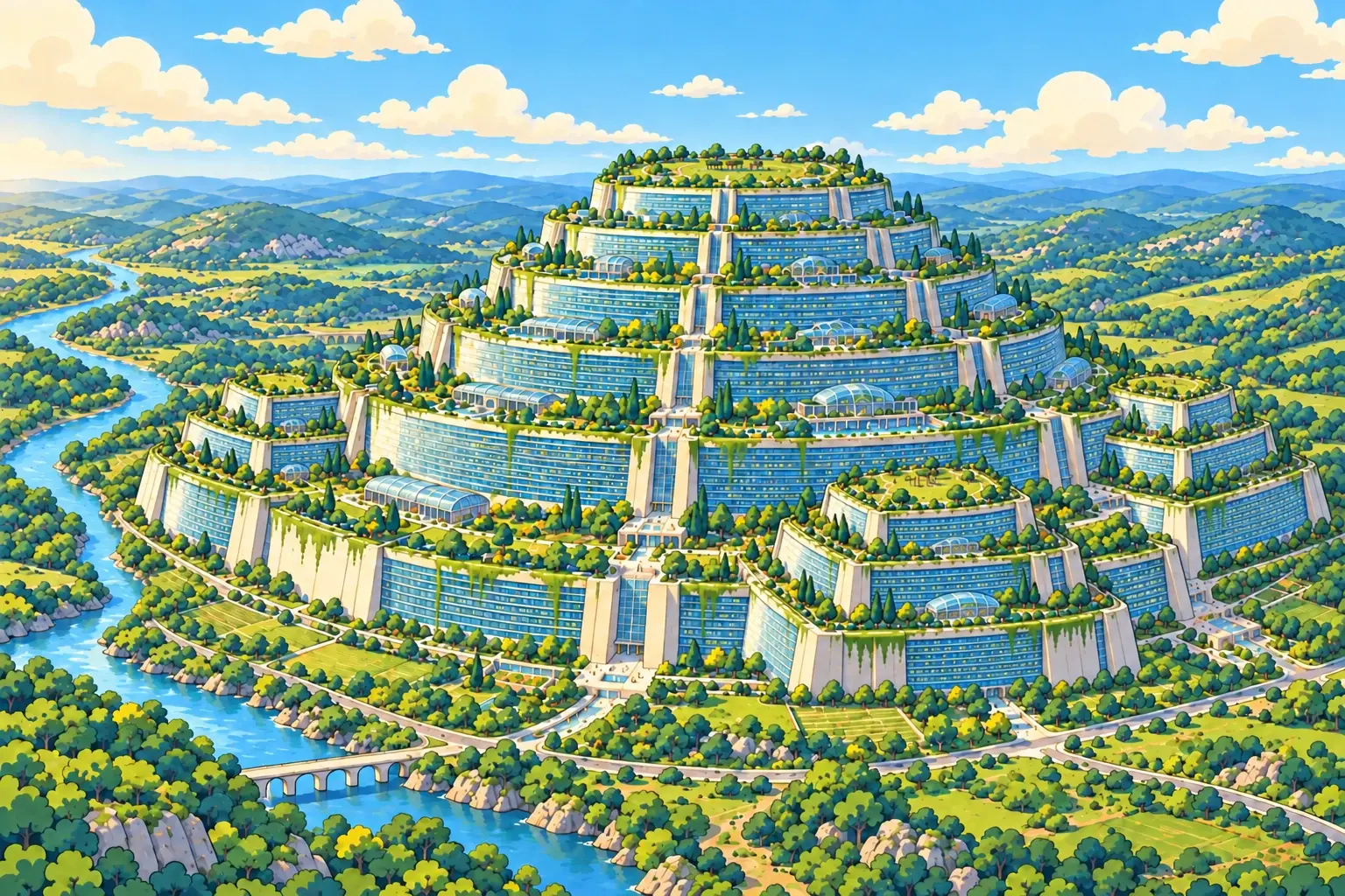 Storybook illustration of Arcology One, a vast stepped city crowned by a flat rooftop park. Three visible three-tier extensions project from its sides, with planted terraces, blue windows, and a river winding through the hill country to the left.