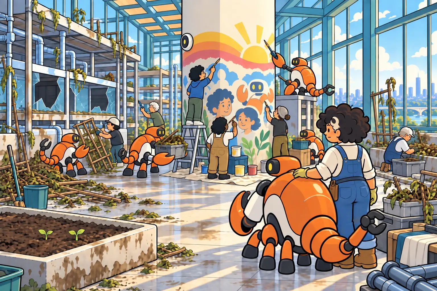 Mel rests a hand on Pell’s orange lobster-shaped robot body as neighbors repaint the atrium mural. Empty damaged fish tanks, bare trellises, and two new seedlings show the work of recovery.