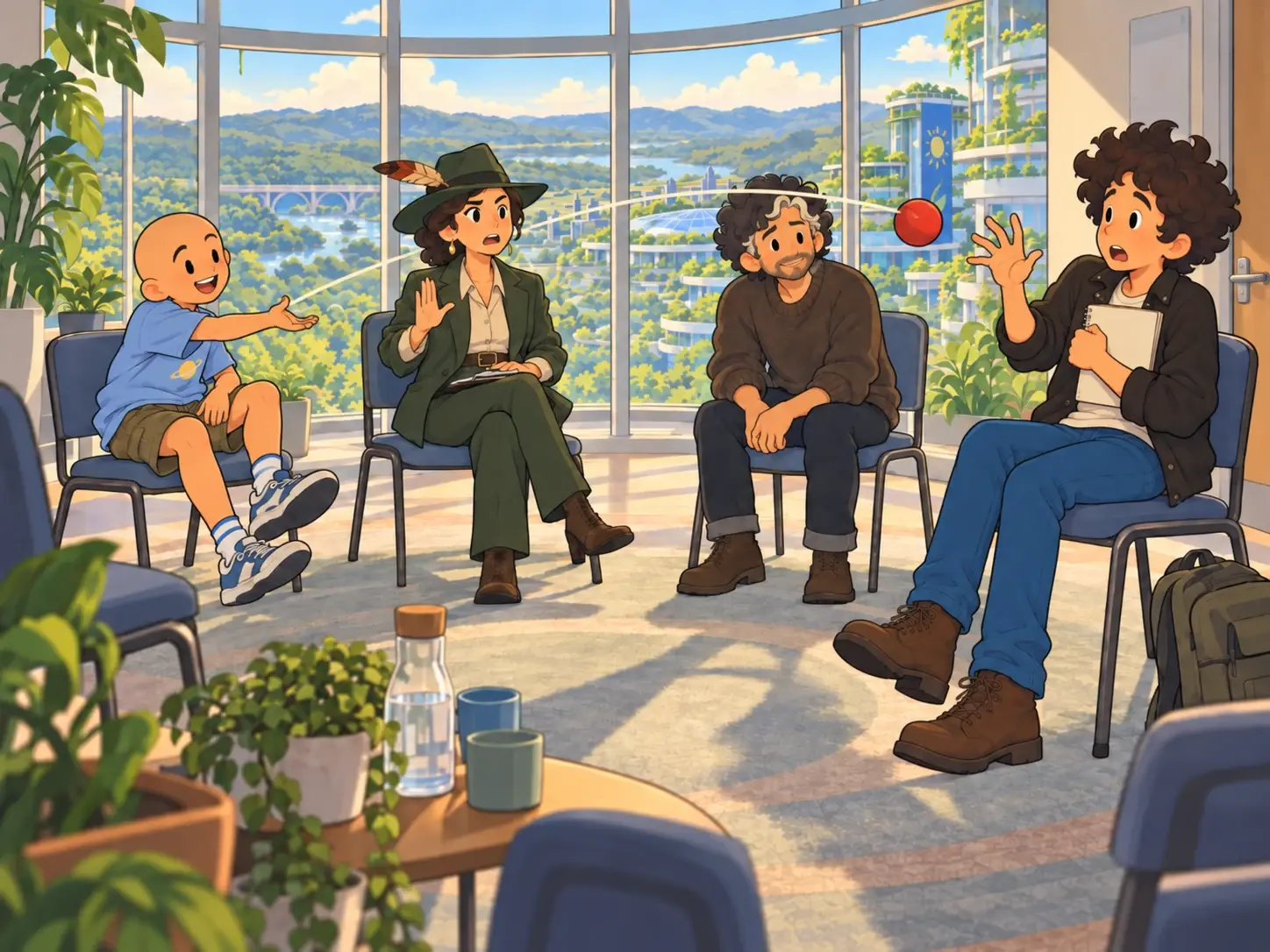 Pete tosses a red ball to Aaron, who holds his sketchbook, while Anna and Roger sit with them in a sunlit room overlooking the Arcology.