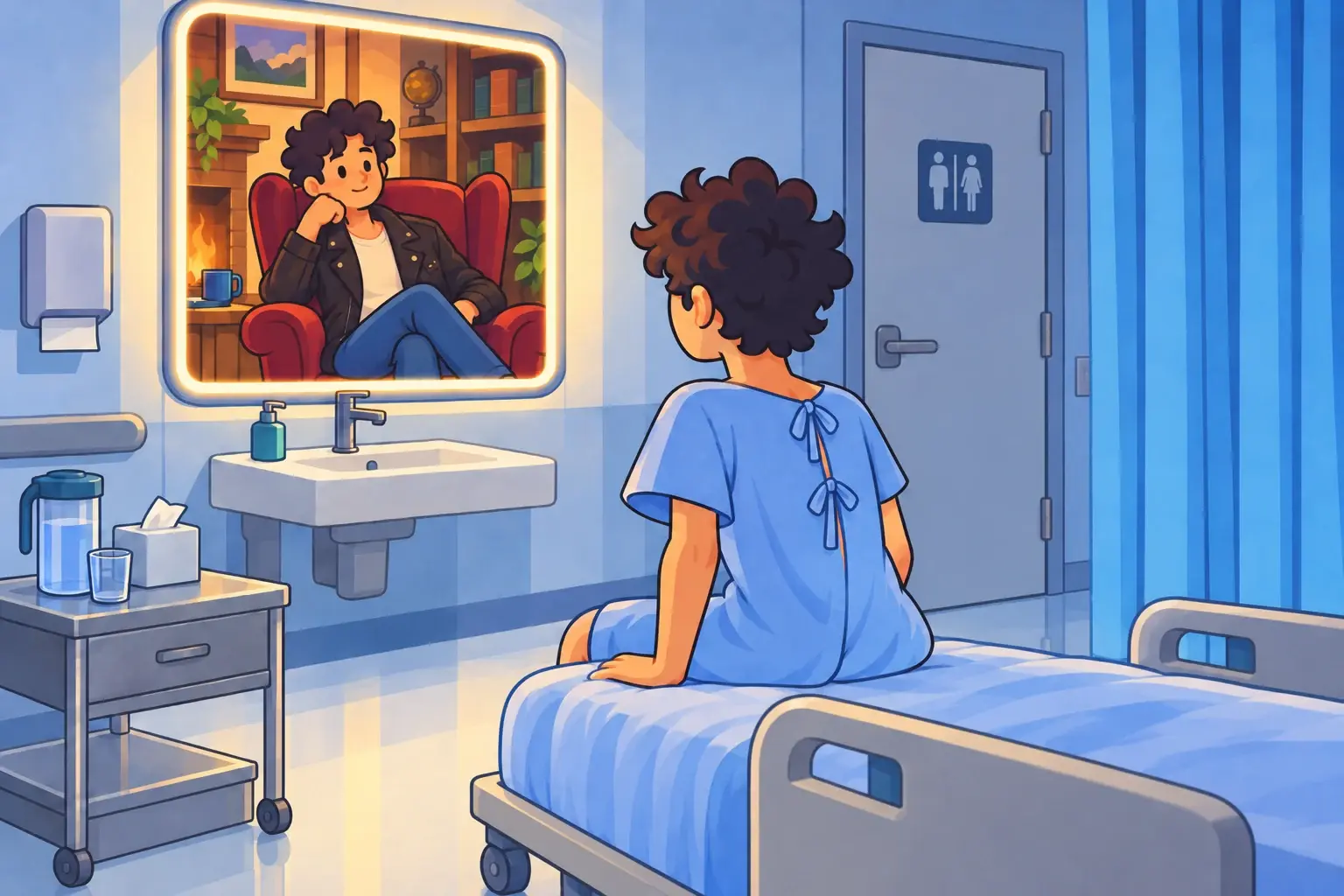 Aaron sits on a hospital bed facing a mirror-like screen. In it, his reflection sits in a red armchair beside a warm fireplace.