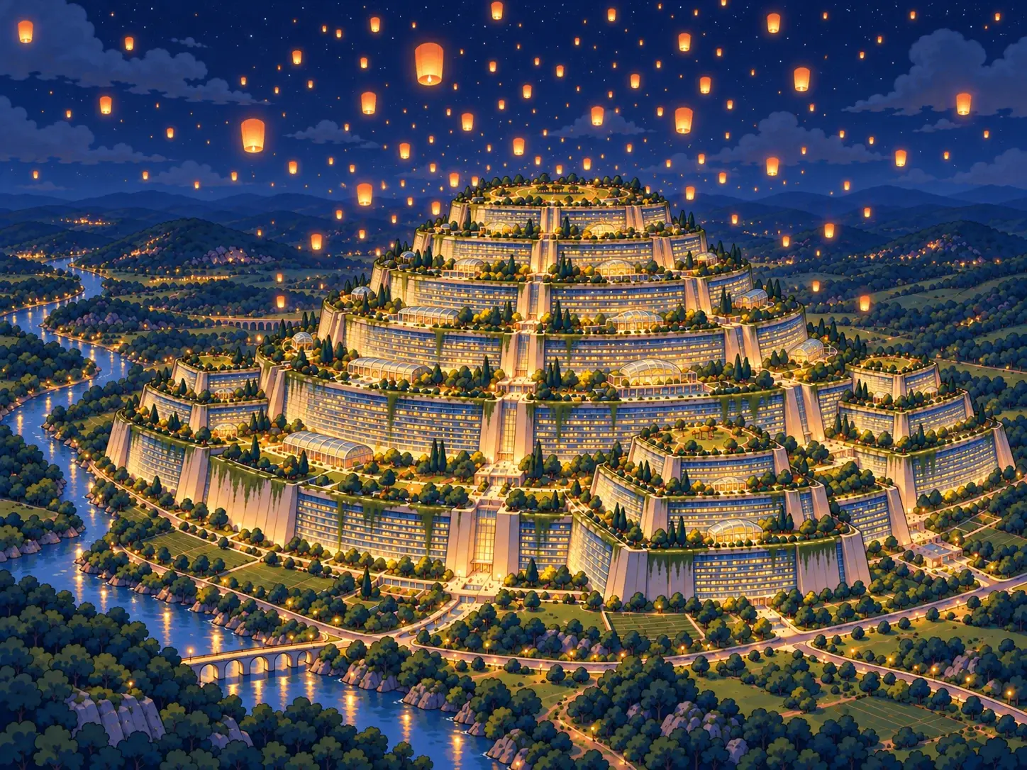 Lanterns fill the night sky above the illuminated terraces of Arcology One, nestled in a green river valley.