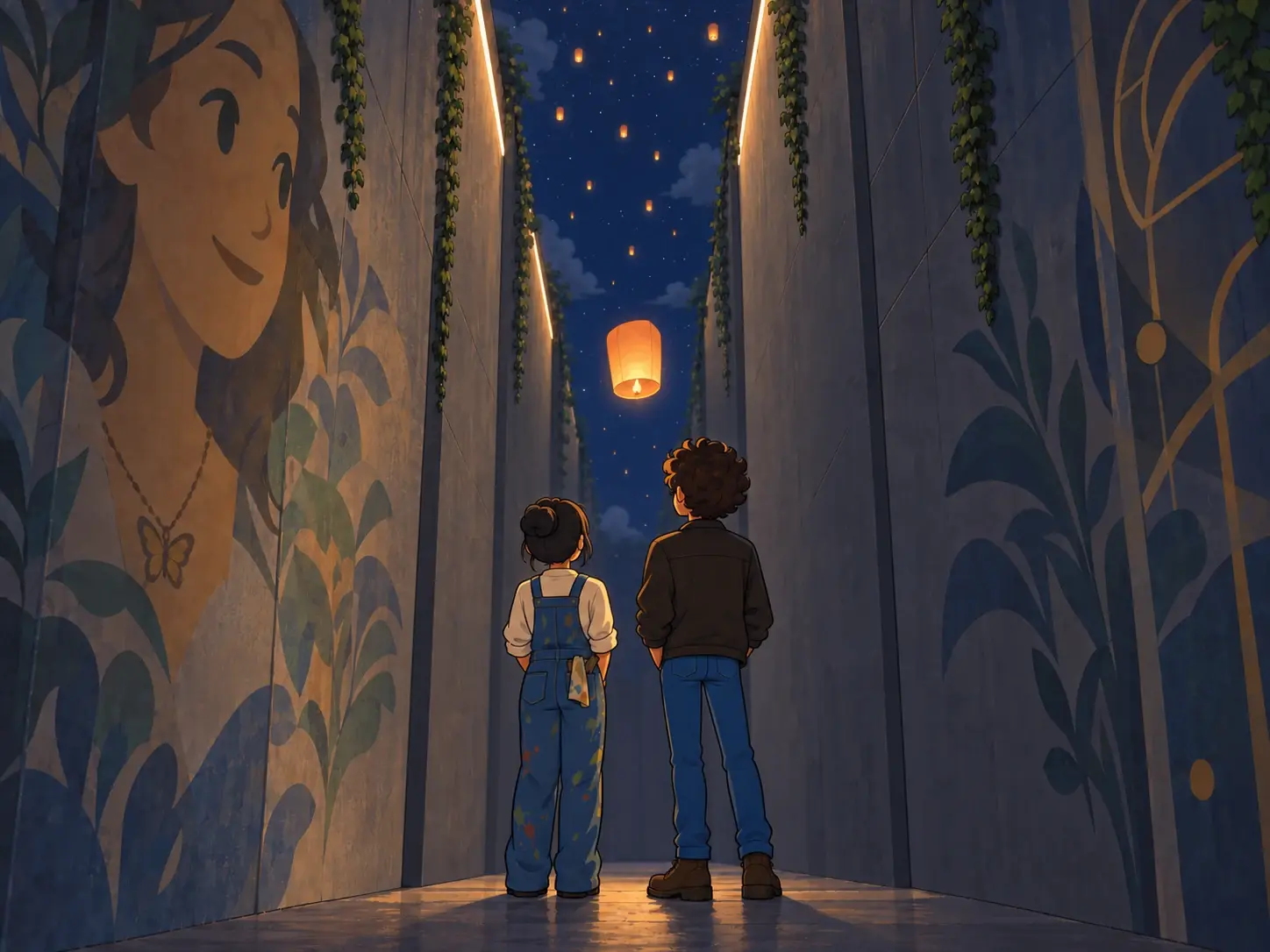 Aaron and a painter stand together between towering murals in the rooftop maze, watching their lantern rise into the night.