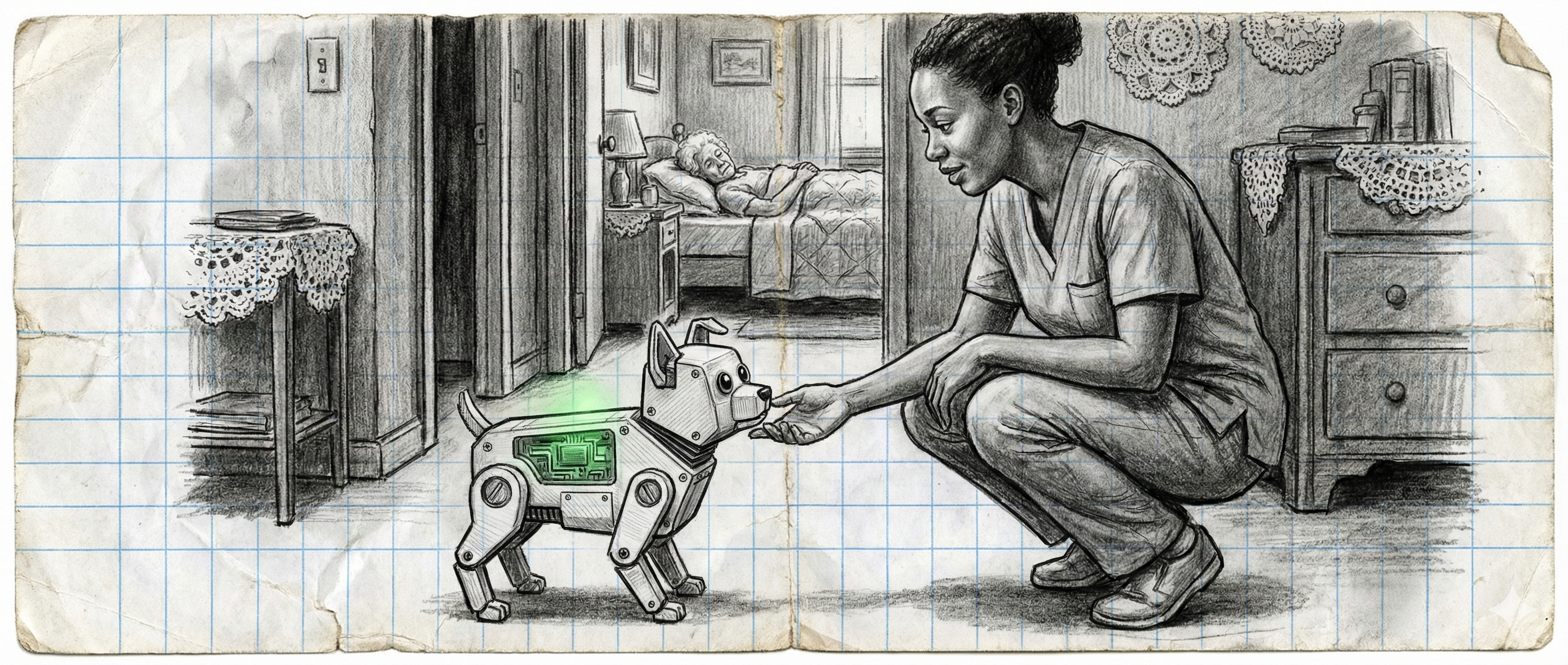 Keisha crouches to meet Snickers for the first time in Mrs. Rabb's apartment